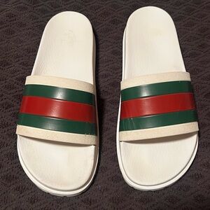 Gucci White Sandals with Green and Red Stripes, Size 10